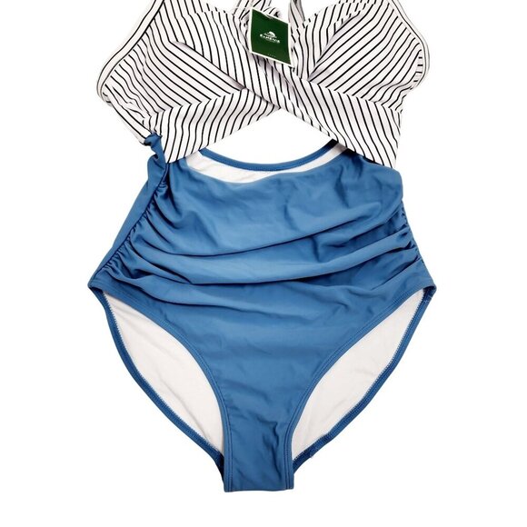 Striped Twist-Front High-Waist One-Piece Swimsuit Blue & White S Eomenie - Picture 4 of 9